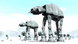 AT-AT步行機和機器人在雪地戰場上前進。 — 星際大戰 壁紙