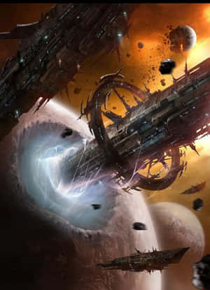 未來太空船在橙色星雲和小行星中，飛過太空中發光的蟲洞。 — Kindle 壁紙