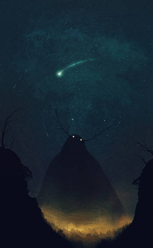 一個巨大的鹿頭生物在繁星點點的夜空中觀看一顆發光的彗星。
