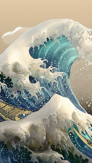 一道巨大的藍色波浪帶著白色泡沫衝向一艘小船。 — 藝術 壁紙