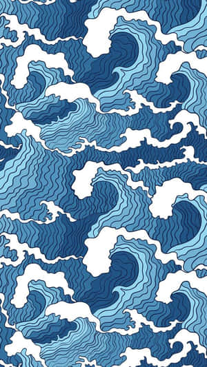 風格化地形設計中的藍色波浪圖案，帶有白色泡沫漩渦。