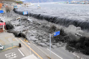 海嘯淹沒日本沿海城鎮，汽車和建築物被淹沒。