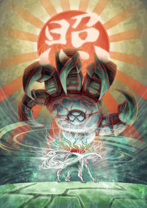 一個巨大的裝甲人物在帶有漢字的耀眼太陽下向一個小生物輻射能量。