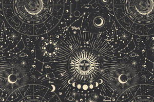 復古風格的天體圖，帶有黃道十二宮、星座和中央的太陽臉。