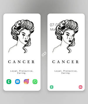 手機屏幕顯示巨蟹座星座插圖及特質忠誠保護關懷。