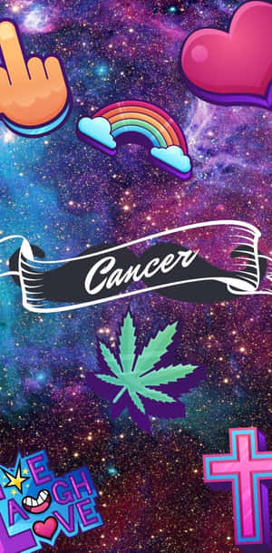 色彩繽紛的太空背景，帶有卡通符號和橫幅上的Cancer字樣。