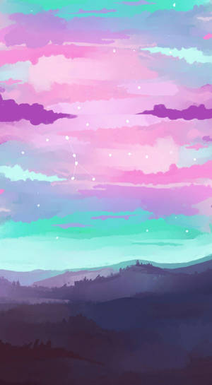 夜晚的粉彩天空，點綴星星和山丘