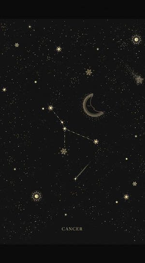 巨蟹座星座、星星、月亮、流星，黑色背景