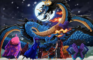 動漫角色在滿月下仰望一頭噴火的藍色巨龍。 — 龍 壁紙