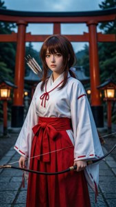 身穿傳統日本服飾的年輕弓箭手站在鳥居前。 — 黃昏 壁紙