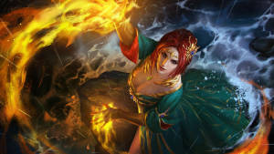 在暴風雲中施展火焰魔法的奇幻女巫。