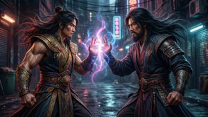 兩名身穿盔甲的戰士在霓虹燈照亮的小巷中對峙，雙手散發著紫色能量。