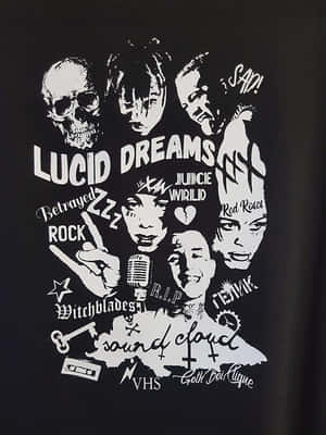 黑色T恤，帶有白色圖形的音樂圖標及文字，包括 'Lucid Dreams' 和 'Juice WRLD'。