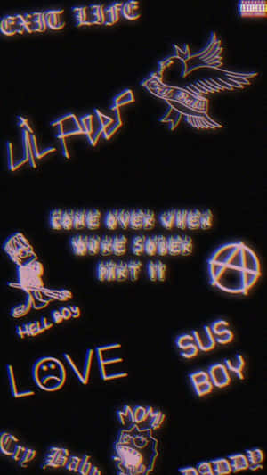 黑色背景上的霓虹發光文字和卡通角色，帶有exit life和sus boy等短語。