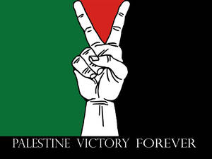 手在巴勒斯坦國旗上做出和平手勢，文字 Palestine Victory Forever