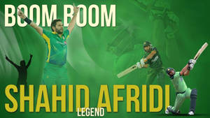 板球傳奇 Shahid Afridi 以動作姿勢呈現，綠色背景上有 'Boom Boom' 文字。