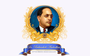 Dr. Babasaheb Ambedkar 的肖像，金色相框和藍色絲帶，用於127歲誕辰。
