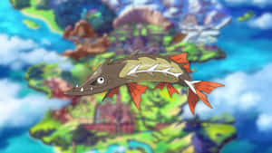 一隻帶有橙色魚鰭的魚類寶可夢在浮島上空飛行。