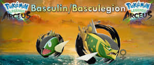 Basculegion 和 Basculin 在 Pokémon Legends Arceus 中於夕陽下從海浪中躍起。