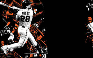 Buster Posey身穿棒球服揮棒，附有冠軍統計數據和裝備圖案。 — 塗鴉 壁紙
