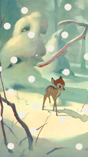 雪地森林中的小鹿，背景有一個巨大的雪覆蓋面孔。 — 斑比動圖 壁紙
