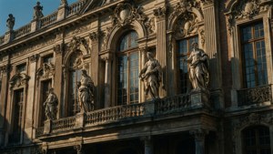 巴洛克建築外牆，雕像沐浴在金色的夕陽中。