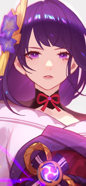 紫髮動漫少女手持發光武器，身穿傳統服飾。