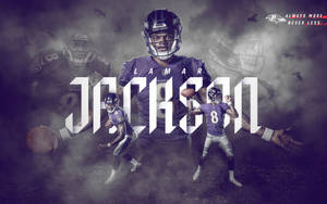 Lamar Jackson 身穿 Ravens 球衣，背後有煙霧和動作姿勢，以及粗體文字。