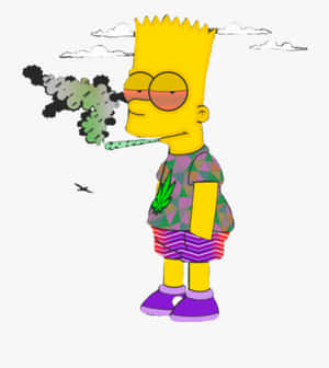 巴特·辛普森在陰天背景下吸食大麻煙，帶有彩色煙霧。