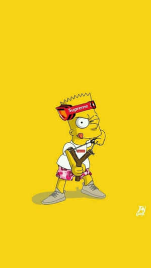 巴特·辛普森穿著 Supreme 衣服並拿著彈弓。