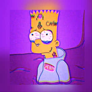 巴特·辛普森紋身並穿著憂鬱男孩連帽衫，在紫色霓虹燈下。
