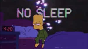 巴特·辛普森在凌晨4:20坐在床上，在昏暗的紫色房間裡，下方有「NO SLEEP」的故障文字。