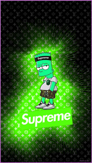 巴特·辛普森穿著Supreme街頭服飾，在路易威登圖案背景上發光。