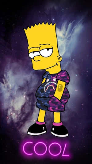 巴特·辛普森在太空穿著街頭服飾，帶有發光的紫色 COOL 文字。 — 辛普森一家 壁紙