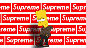穿著街頭服的巴特·辛普森站在紅色Supreme標誌牆前。 — 辛普森一家 壁紙