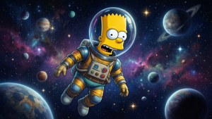 巴特·辛普森穿著太空衣在太空中的彩色行星和星星之間漂浮。