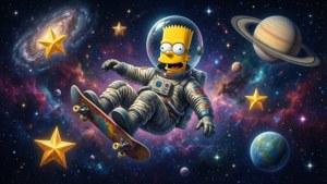 巴特·辛普森穿著太空衣在行星和星星之間踩滑板