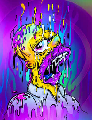 卡通角色，臉部融化，顏色滴落，超現實數位藝術風格。