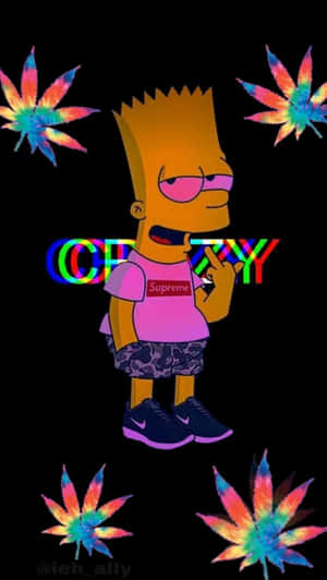 Bart Simpson 身穿粉紅色 Supreme 襯衫，周圍環繞著色彩繽紛的紮染大麻葉。
