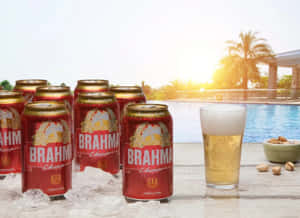 日落時分泳池邊冰上的紅色Brahma啤酒罐和玻璃杯。