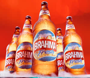 冰凍的 Brahma 啤酒瓶在紅色背景和冷卻薄霧中帶有冷凝水珠。