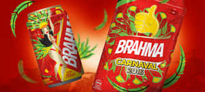 兩個紅色Brahma啤酒罐，帶有嘉年華設計同綠色葉子，喺紅色背景上。