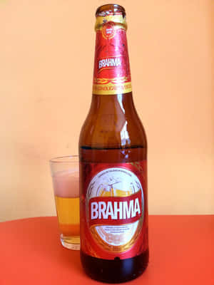 Brahma啤酒瓶和玻璃杯在紅色桌子上，桃色牆壁背景