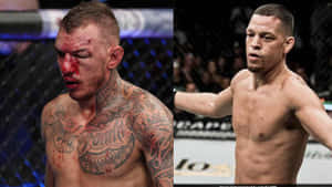 八角籠內兩名男性MMA拳手，一名臉部流血且有紋身，另一名專注而肌肉發達。