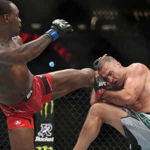 兩名MMA拳手在UFC八角籠內交戰，其中一人施以高踢。
