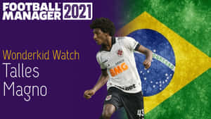 足球員 Talles Magno 身穿華斯高達伽馬球衣，在巴西國旗背景下為 Football Manager 2021 拍攝。 — 足球 壁紙