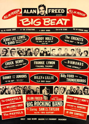 列出 Buddy Holly 和 Chuck Berry 等藝術家的復古 1950 年代搖滾音樂會海報。