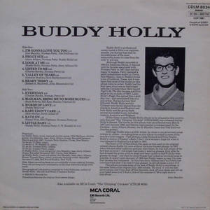 Buddy Holly 專輯封面，附有曲目列表和他戴眼鏡的照片。