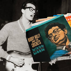 Buddy Holly 彈結他，前面有復古專輯封面。 — 音樂 GIF 壁紙