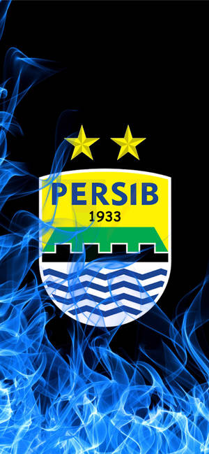 Persib足球會標誌，帶有兩顆星和藍色火焰設計，背景為黑色。